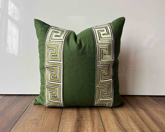 Linen Pillow Cover with Greek Key Trim