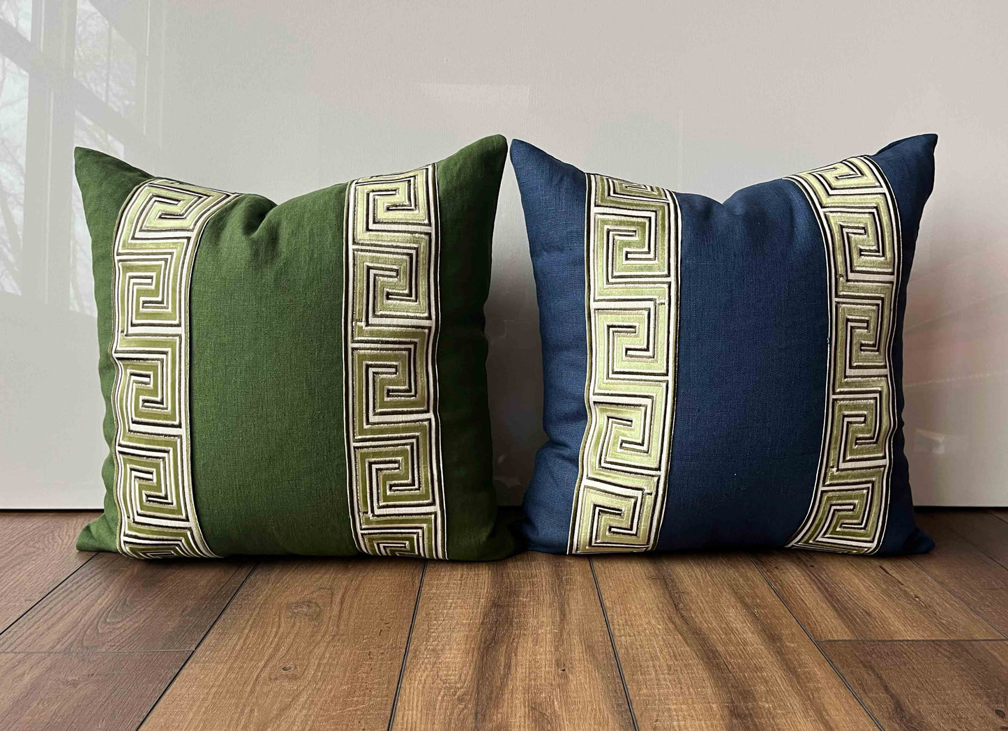 Linen Pillow Cover with Greek Key Trim