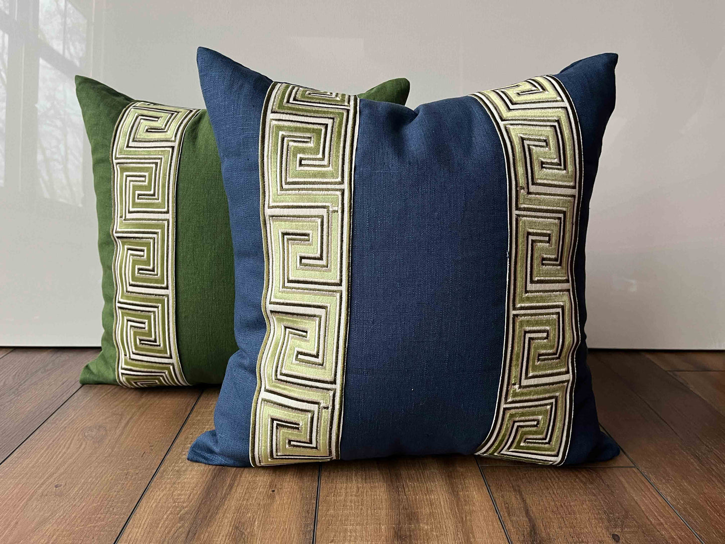 Linen Pillow Cover with Greek Key Trim