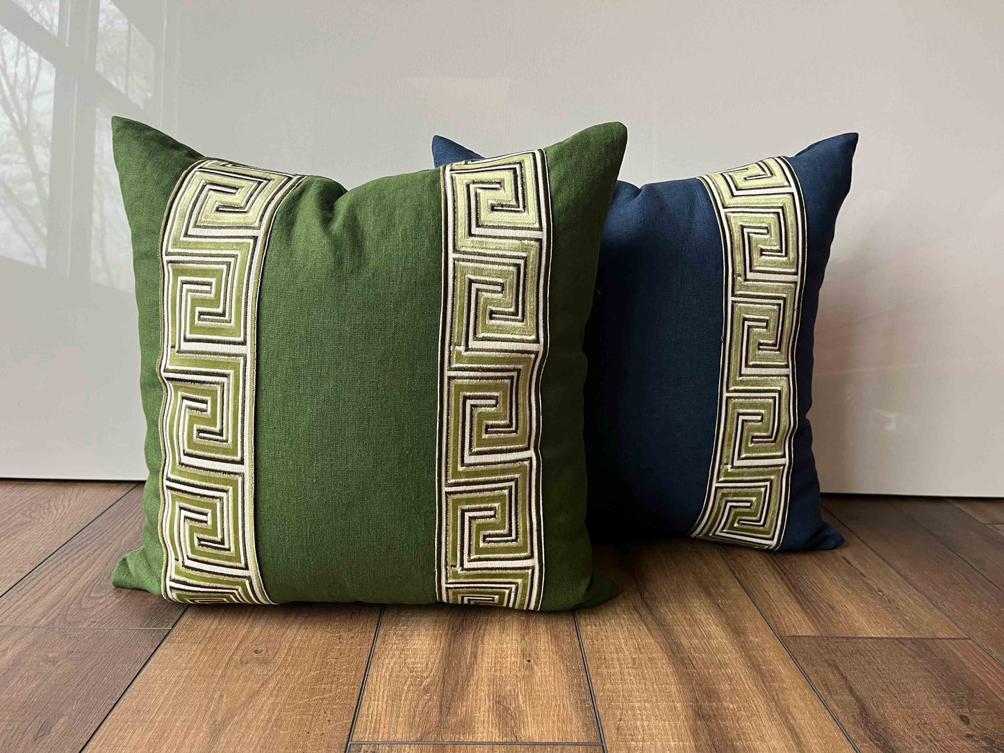 Linen Pillow Cover with Greek Key Trim