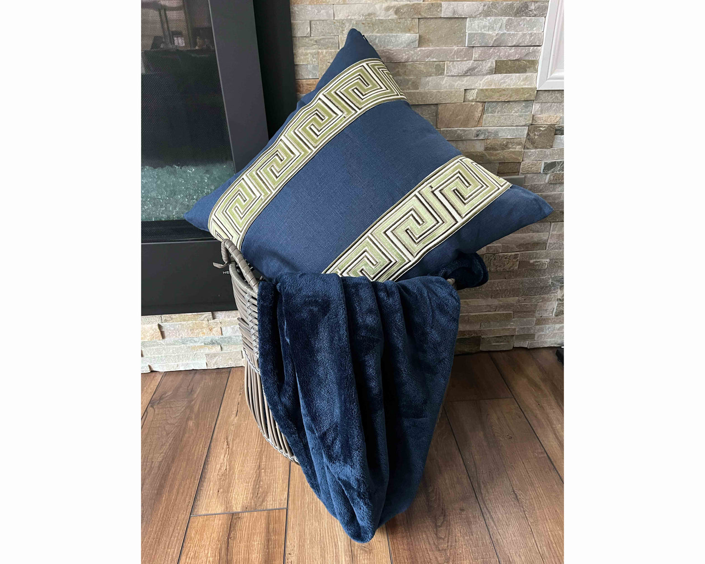Linen Pillow Cover with Greek Key Trim