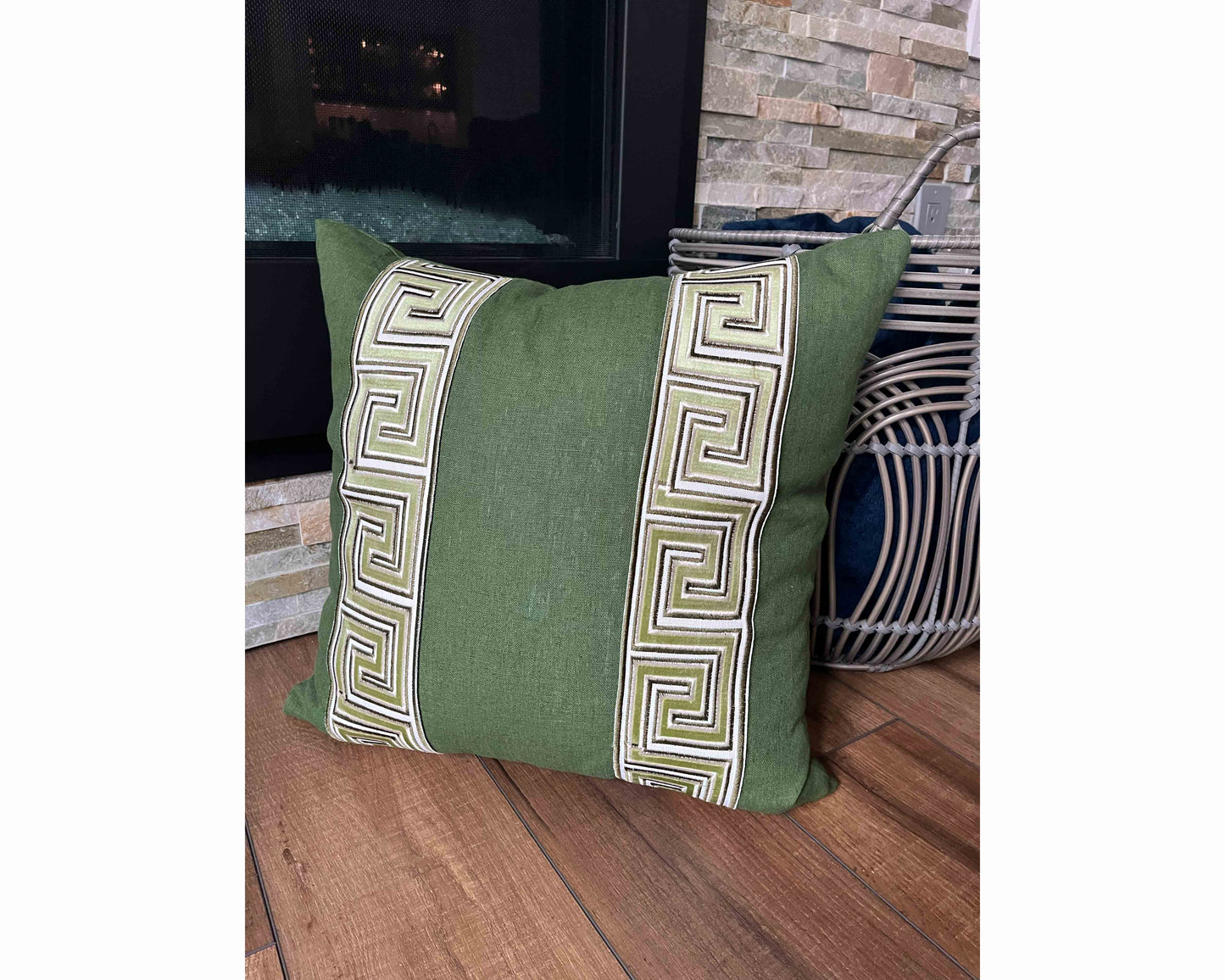Linen Pillow Cover with Greek Key Trim