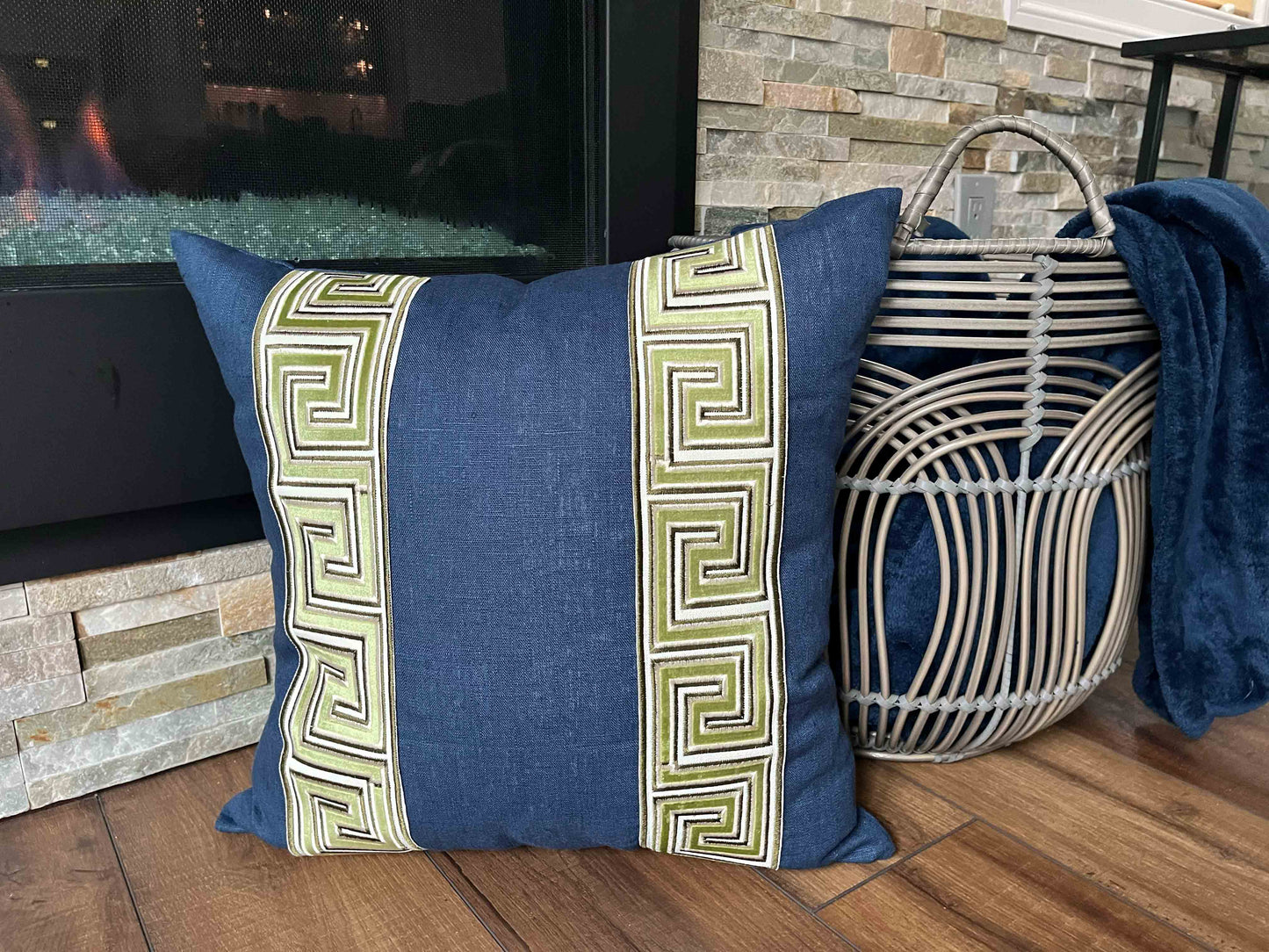 Linen Pillow Cover with Greek Key Trim