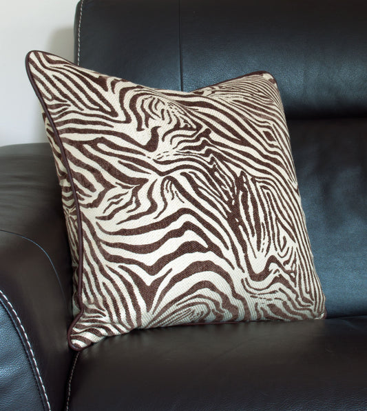 Brown Zebra Print Throw Pillow with Leather Piping