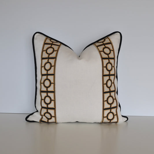 Linen Pillow Cover in Ivory White with Black and Gold Trim