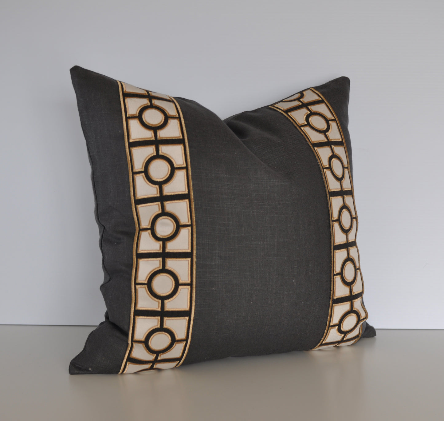 Linen Pillow Cover with Gold Geo Tape Trim in Black or Charcoal Gray