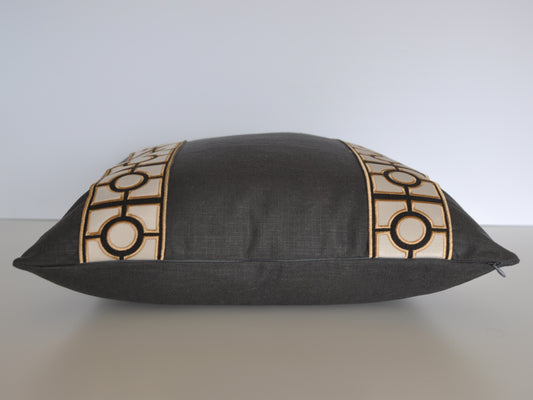 Linen Pillow Cover with Gold Geo Tape Trim in Black or Charcoal Gray