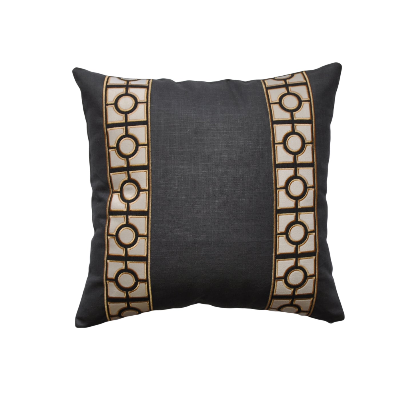 Linen Pillow Cover with Gold Geo Tape Trim in Black or Charcoal Gray