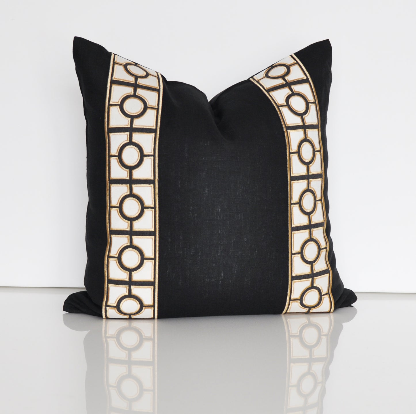 Linen Pillow Cover with Gold Geo Tape Trim in Black or Charcoal Gray