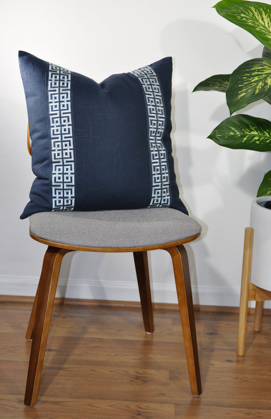 Navy Linen Pillow Cover - Linen Pillows -Greek Keys Pillow -Euro Pillow Cover- Pillow with Trim -Geometric Print - Navy Blue Pillow Cover