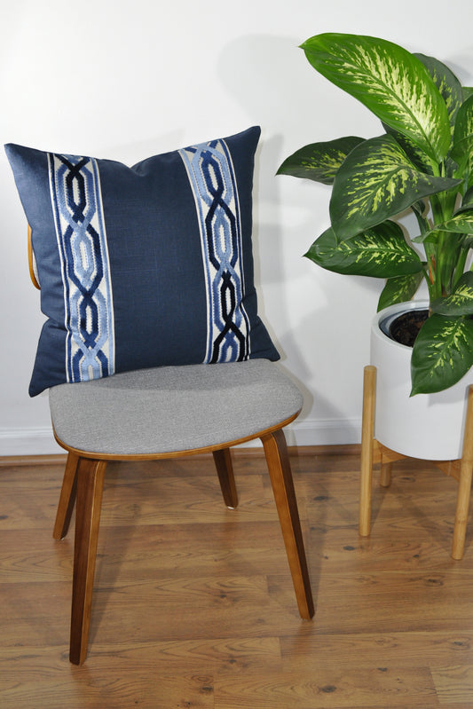 Navy Blue Linen Pillow Cover with Geometric Trim