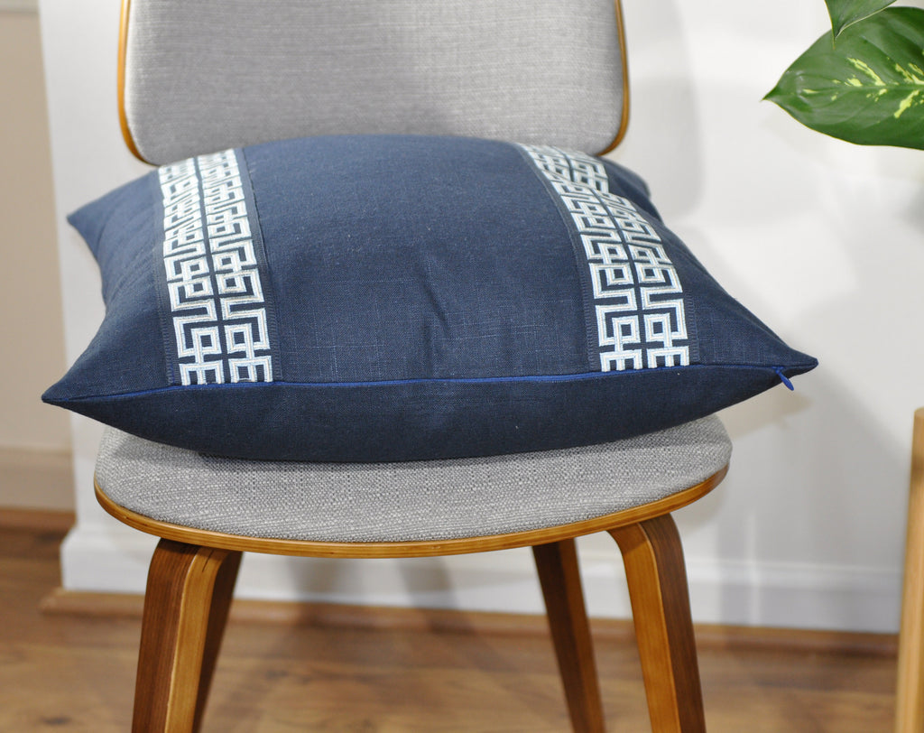 Ivory White Linen Pillow Cover with Geometric Trim in Navy