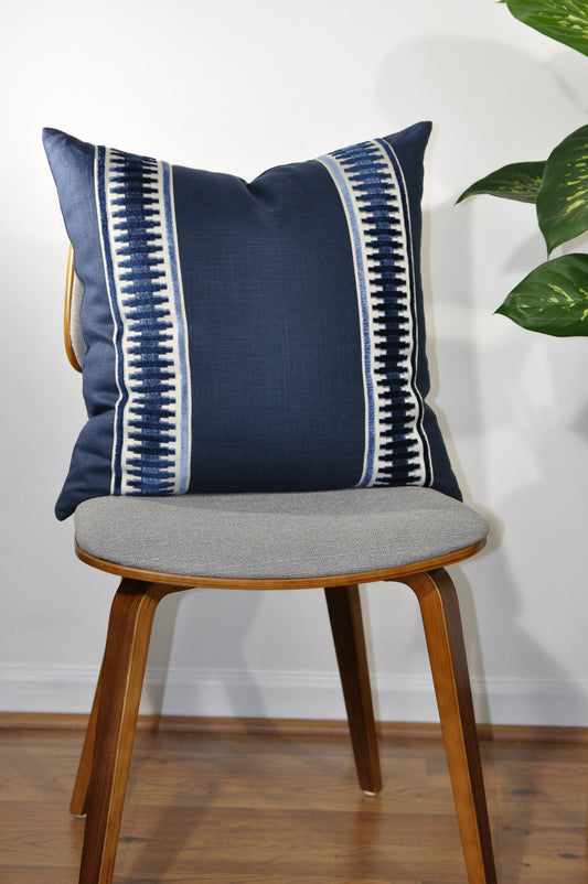 Navy Linen Pillow Cover - Navy Blue Pillow Cover -Euro Pillow Cover- Pillow with Trim -Geometric Print -Raised Velvet Trim