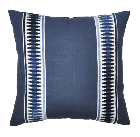 Navy Linen Pillow Cover - Navy Blue Pillow Cover  -Euro Pillow Cover- Pillow with Trim -Geometric Print -Raised Velvet Trim