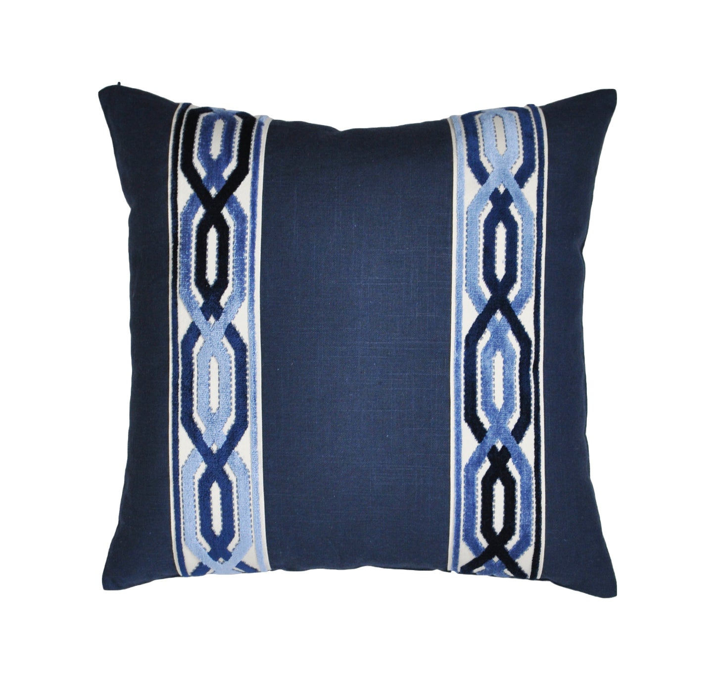 Navy Blue Linen Pillow Cover with Geometric Trim