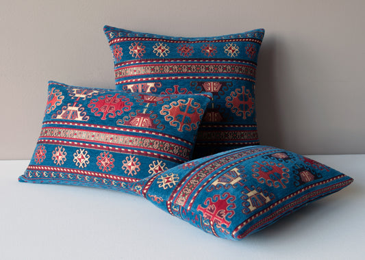 KILIM PILLOW Cover -Turkish Pillow -Tribal Pillow Cover -Ethnic Pillow Cover -Geometric -Chenille Pillow -Blue Pillows- Blue and Gold