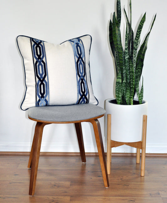 Bed pillows, bed decorative pillows, pillows with tape trim, pillows with trim, white linen pillow covers, white linen shams, euro pillow cover, euro pillow shams, white and navy pillows, white pillows, navy pillows