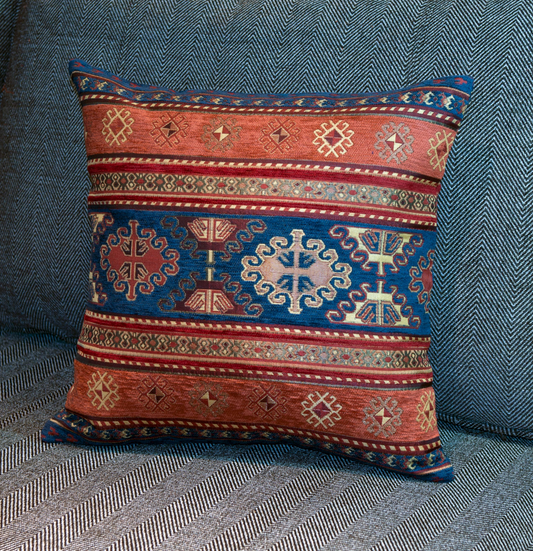 Ethnic Pillow Cover in Orange and Navy - Turkish Pillow Cover