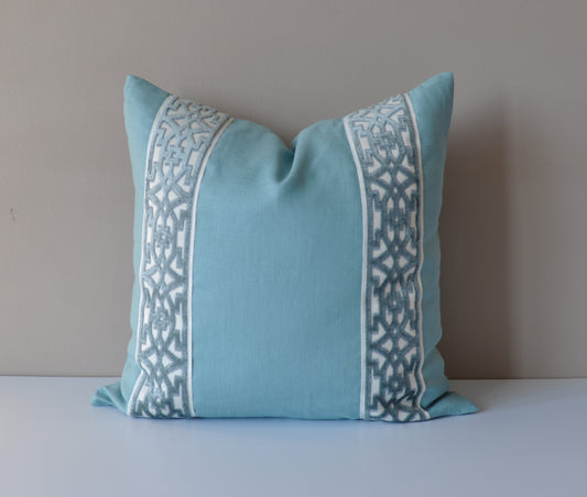 Spa Blue Linen Pillow Cover with Raised Velvet Tape Trim