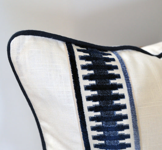 Raised Velvet Trim, White pillows, Bed pillows, bed decorative pillows, pillows with tape trim, pillows with trim, white linen pillow covers, white linen shams, euro pillow cover, euro pillow shams, white and navy pillows, white pillows, navy pillows