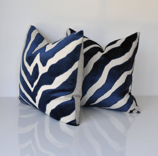 Set of Two Etosha Velvet Zebra Pillow Covers in Blue