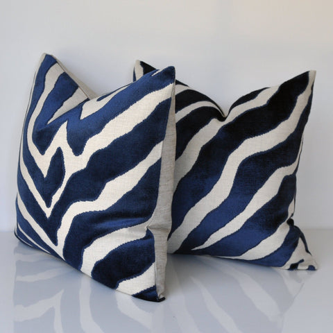 SET OF TWO - Thibaut Pillow Covers - Zebra Print Covers - Raised Velvet Pillow Covers - Blue Throw Pillow - Animal Print Pillow Covers