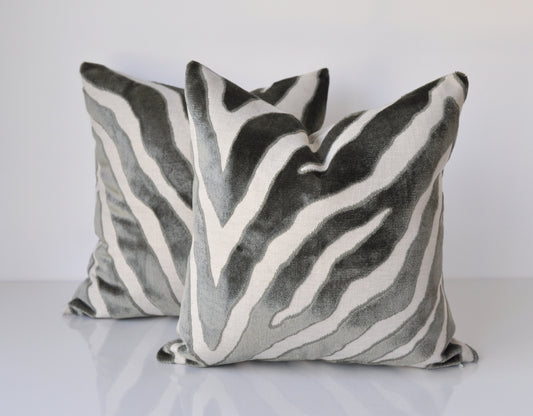 Set of Two Etosha Velvet Zebra Pillow Covers in Gray