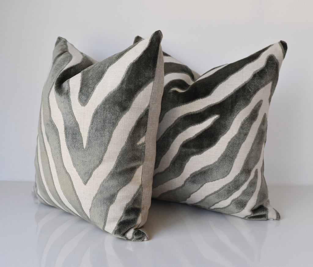 Set of Two Etosha Velvet Zebra Pillow Covers in Gray OneHappyPillow