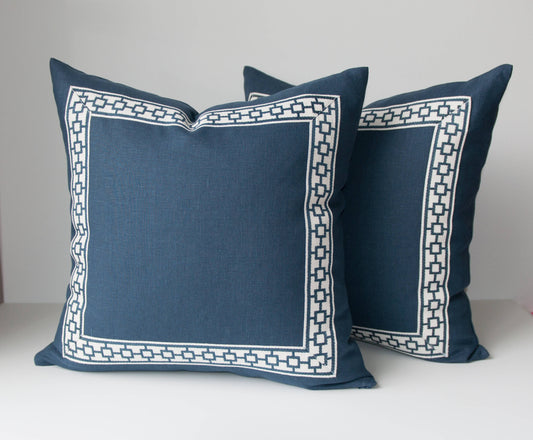 Navy Linen Pillow Cover with Navy Geometric Trim