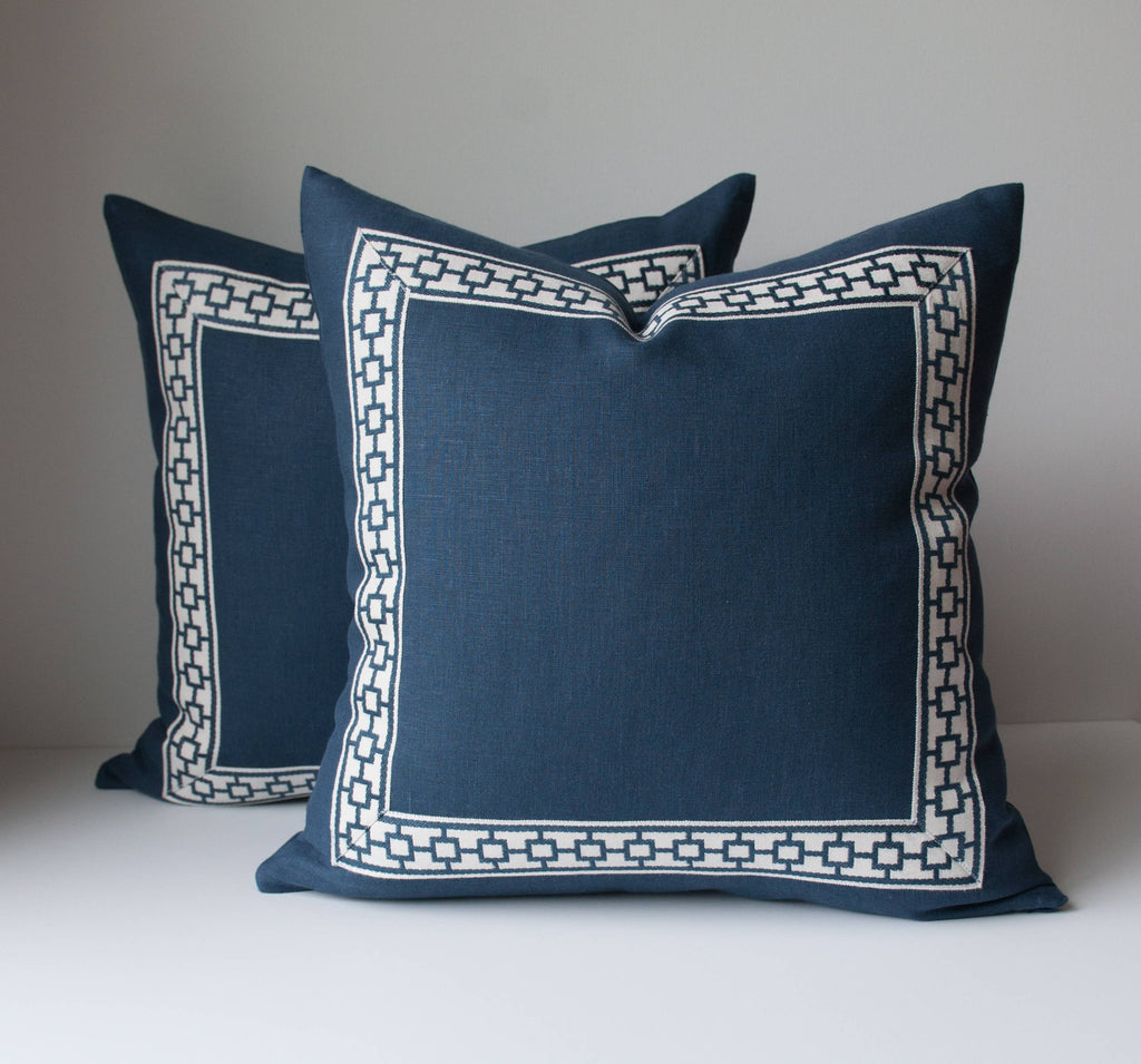 Ivory White Linen Pillow Cover with Geometric Trim in Navy – OneHappyPillow