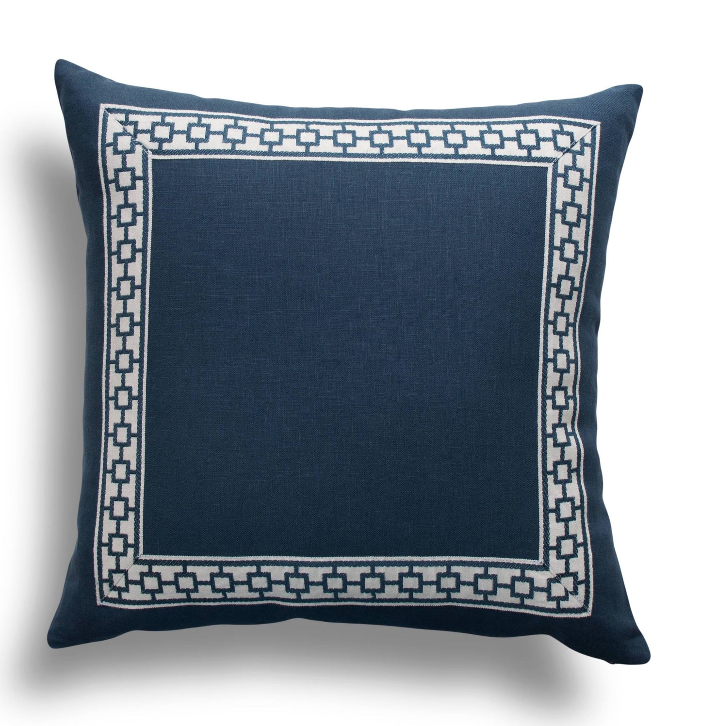 Navy Linen Pillow Cover with Navy Geometric Trim