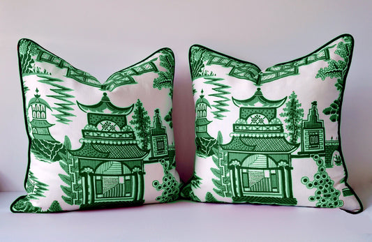 SET of TWO- Linen Throw Pillow Covers- Coral and White Pillow Covers - Schumacher Fabric- Coral Pillow Cover - Chinoiserie Decor - Navy Blue