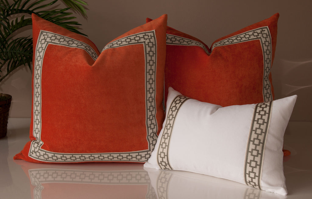 Orange Velvet Throw Pillows with Geometric Trim
