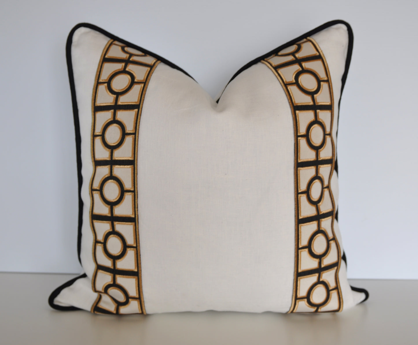 Linen Pillow Cover in Ivory White with Black and Gold Trim