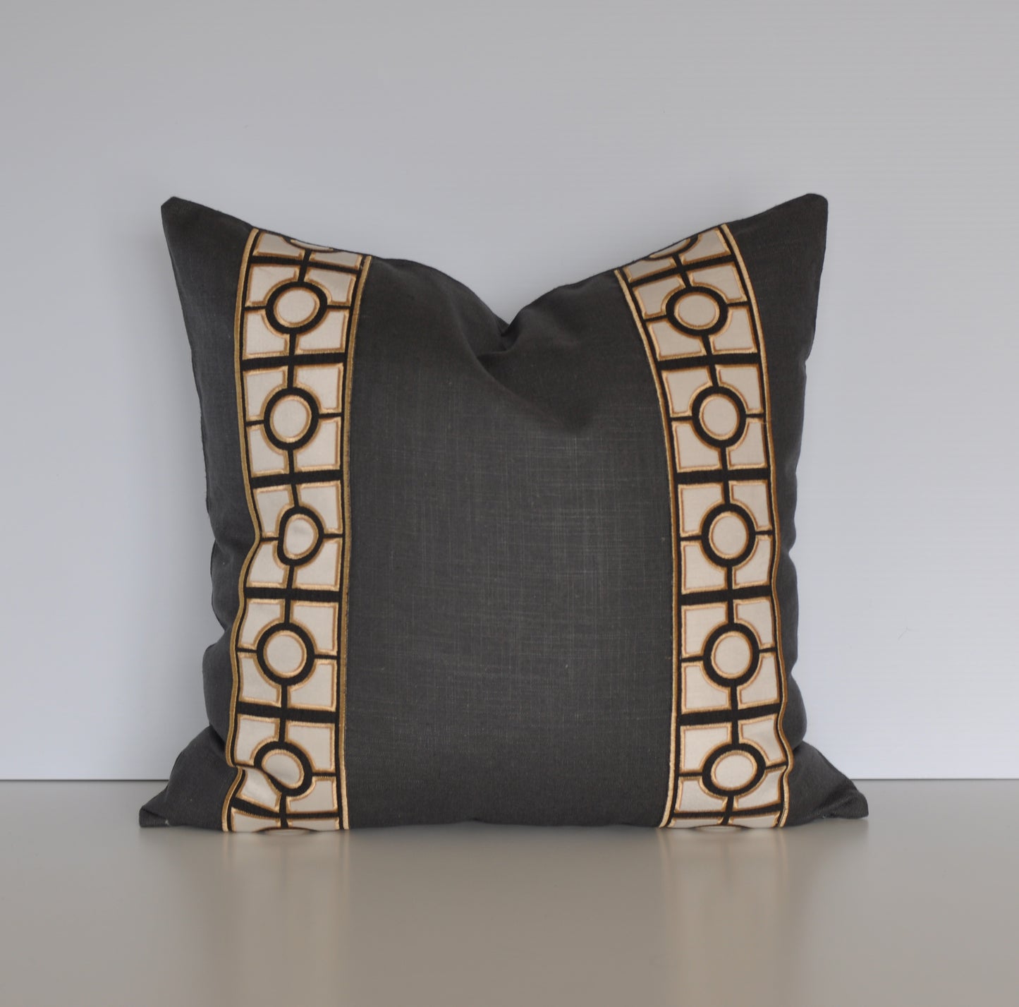Linen Pillow Cover with Gold Geo Tape Trim in Black or Charcoal Gray