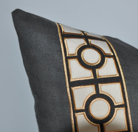 Linen Pillow Cover with Gold Geo Tape Trim in Black or Charcoal Gray