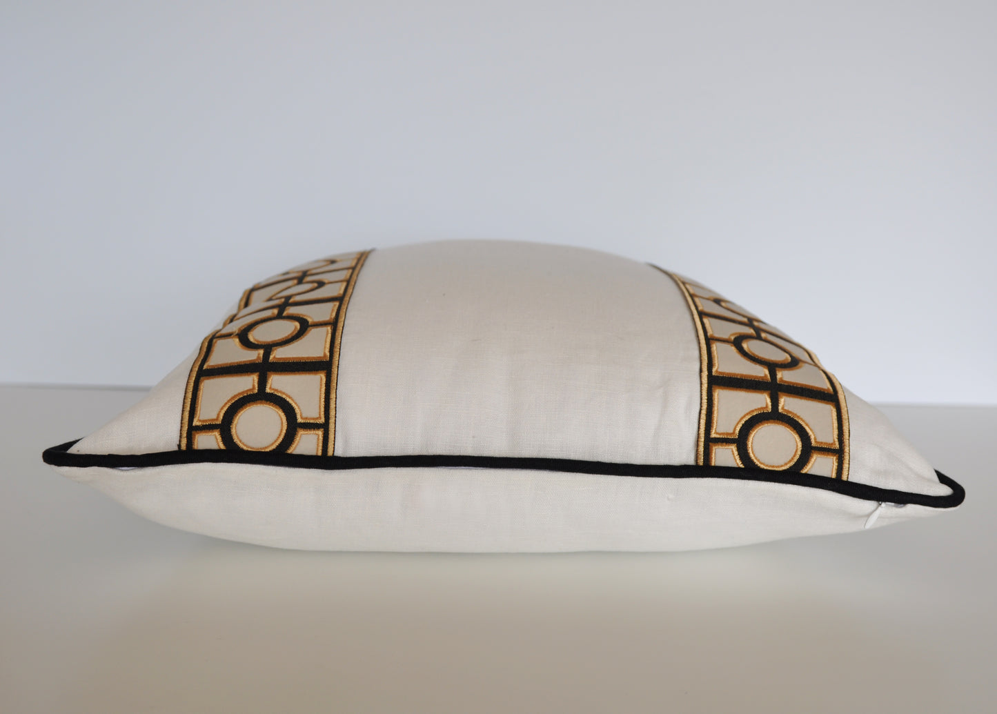 Linen Pillow Cover in Ivory White with Black and Gold Trim