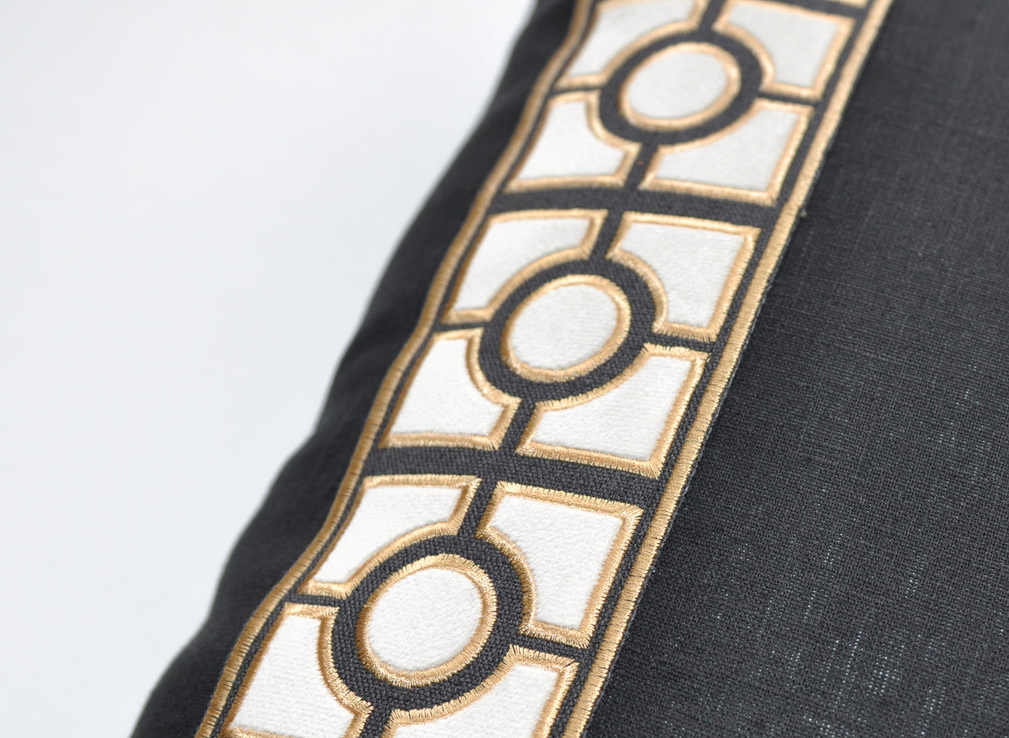 Linen Pillow Cover with Gold Geo Tape Trim in Black or Charcoal Gray