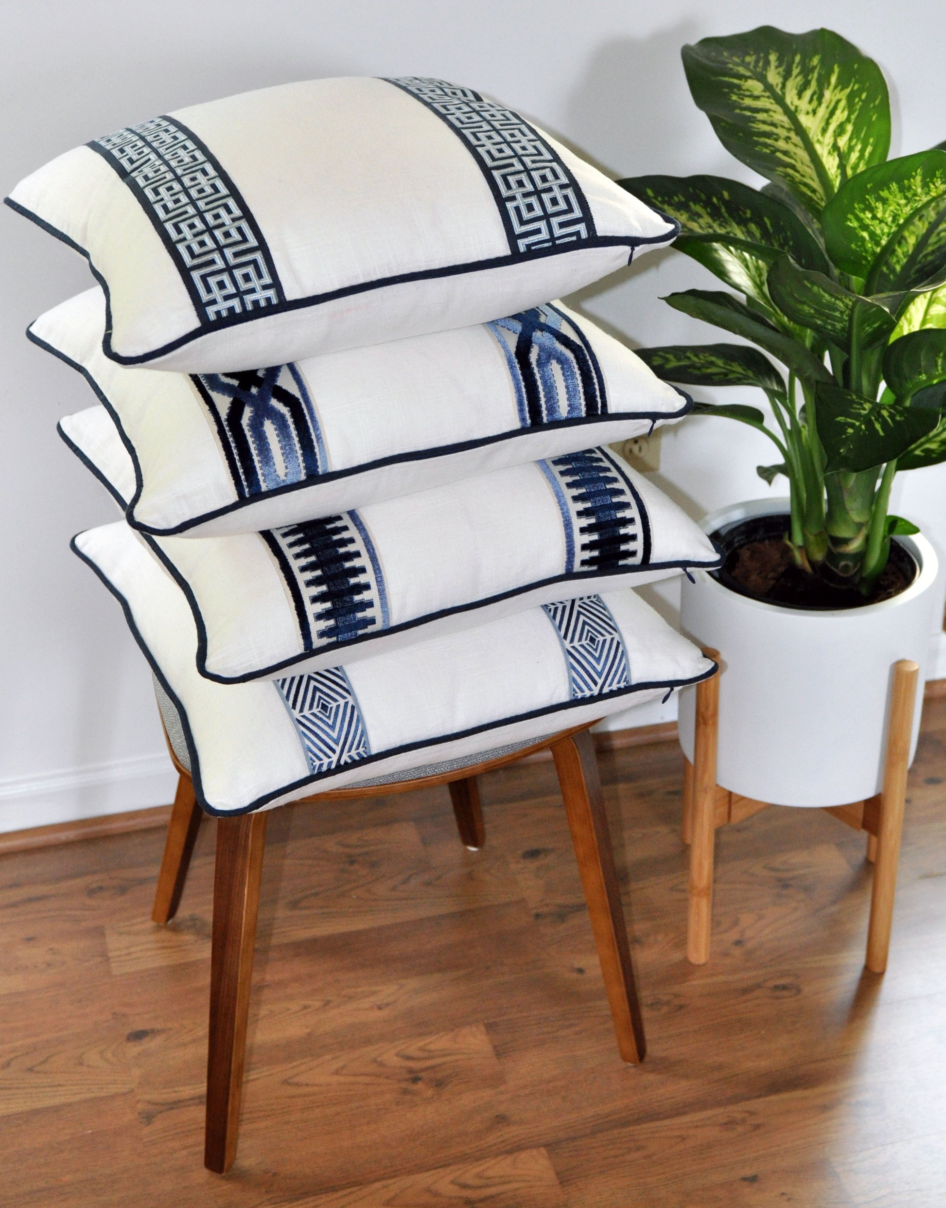 Bed pillows, bed decorative pillows, pillows with tape trim, pillows with trim, white linen pillow covers, white linen shams, euro pillow cover, euro pillow shams, white and navy pillows, white pillows, navy pillows