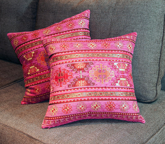 KILIM PILLOW Cover - Turkish Pillow -Tribal Pillow - Aztec Pillow -Ethnic Pillow -Pink and Gold Pillow Cover -Chenille Pillow - Pink Pillows