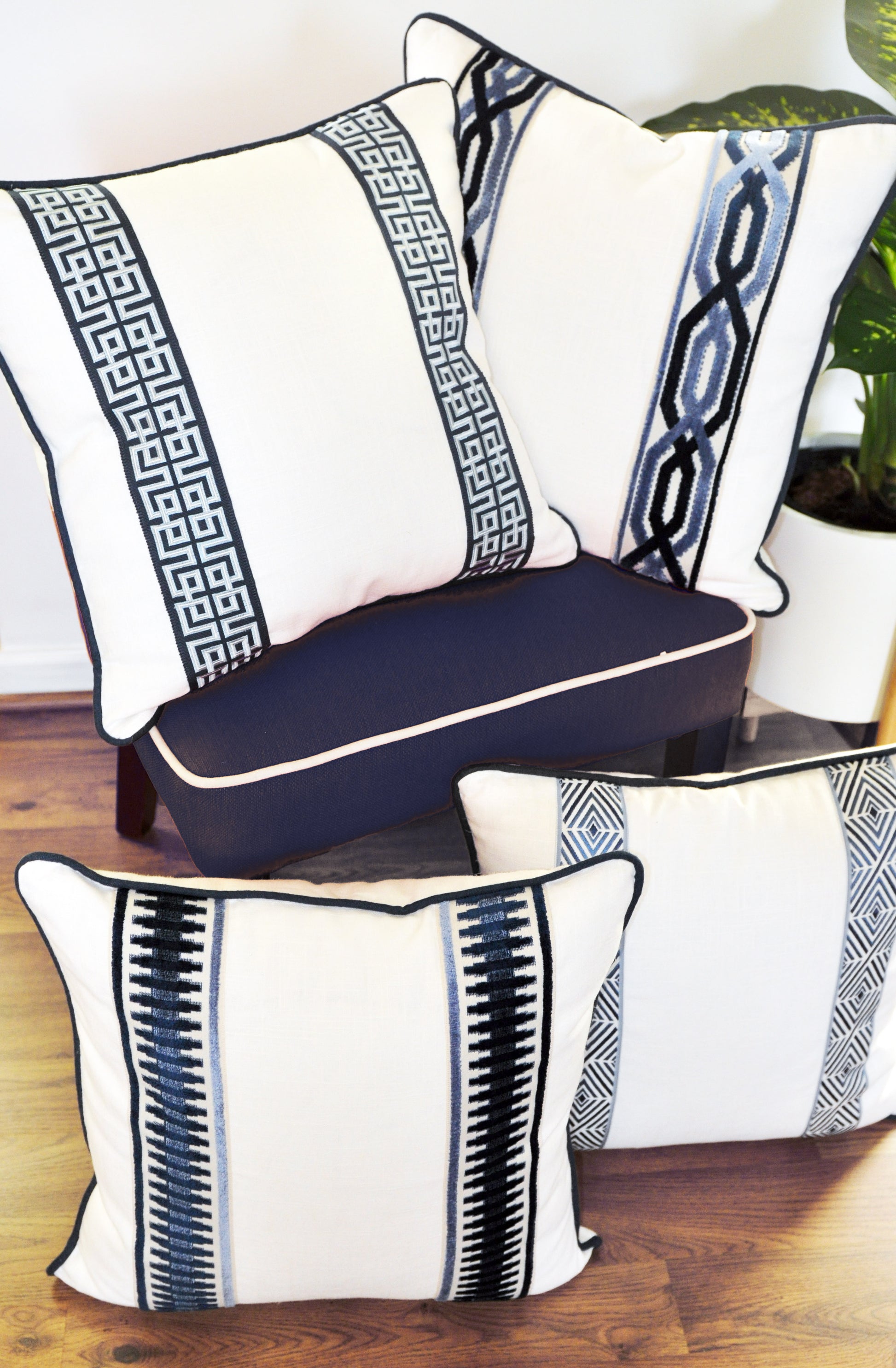 Bed pillows, bed decorative pillows, pillows with tape trim, pillows with trim, white linen pillow covers, white linen shams, euro pillow cover, euro pillow shams, white and navy pillows, white pillows, navy pillows