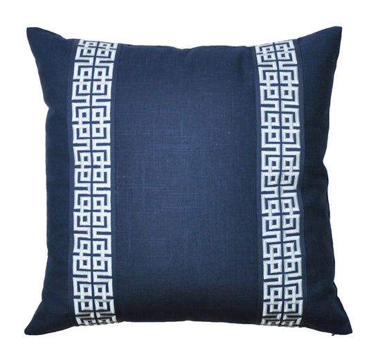 Navy Linen Pillow Cover - Linen Pillows -Greek Keys Pillow -Euro Pillow Cover- Pillow with Trim -Geometric Print - Navy Blue Pillow Cover