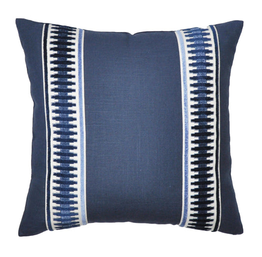 Navy Linen Pillow Cover - Navy Blue Pillow Cover  -Euro Pillow Cover- Pillow with Trim -Geometric Print -Raised Velvet Trim