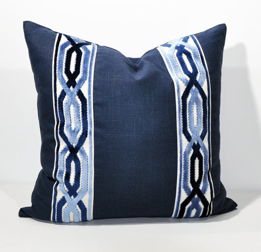Navy Blue Linen Pillow Cover with Geometric Trim