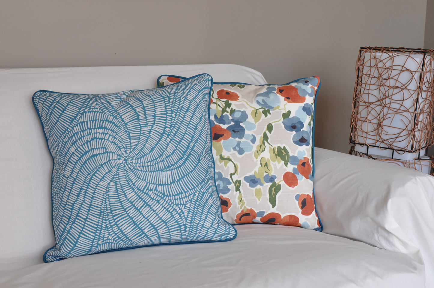 Turquoise Pillow Cover -Robert Allen -Pillow with Piping - Teal Pillow Cover -Peacock Throw Pillow - Welted Pillow Cover - Swirls Print