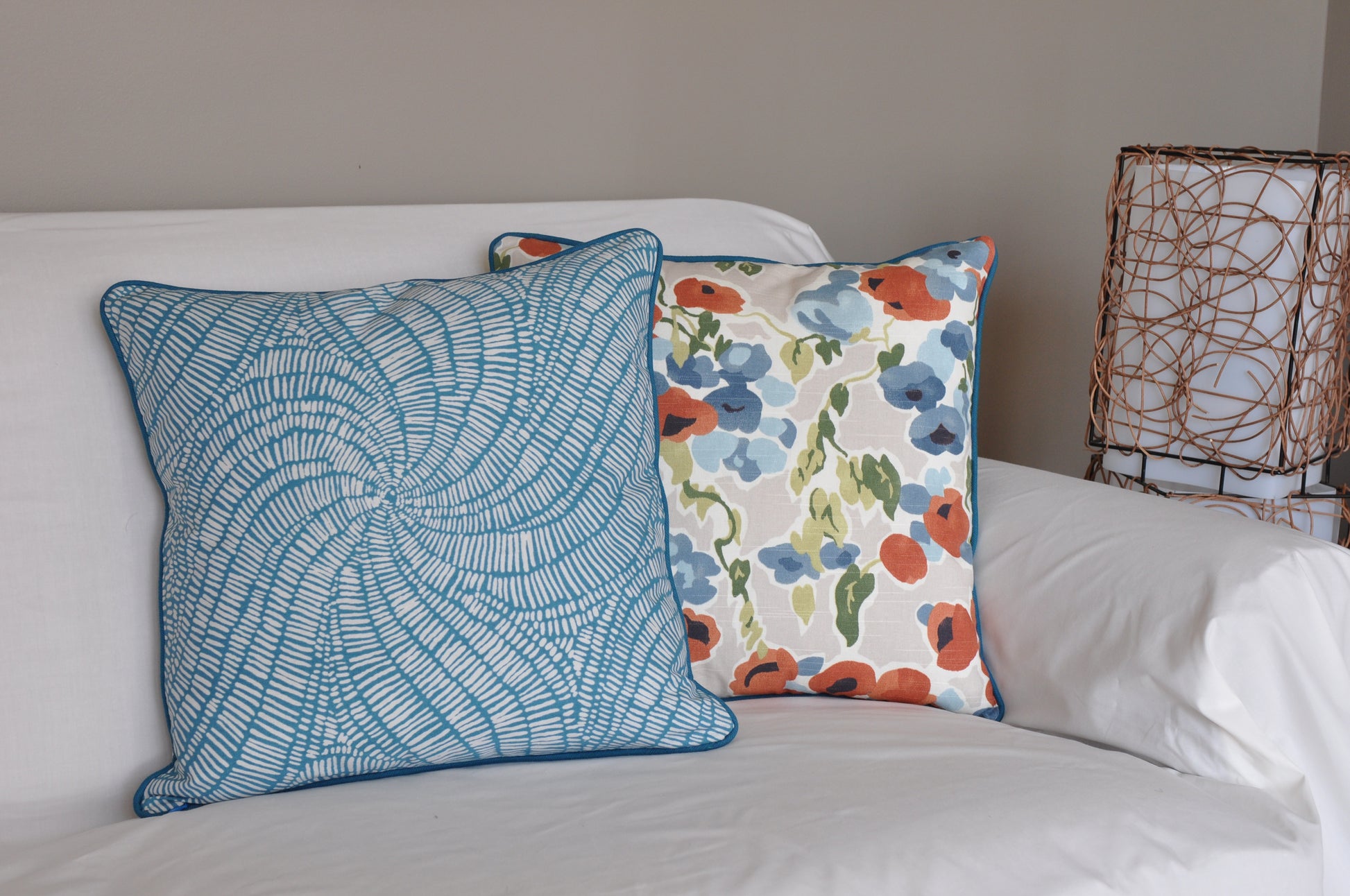 Turquoise Pillow Cover -Robert Allen -Pillow with Piping - Teal Pillow Cover -Peacock Throw Pillow - Welted Pillow Cover - Swirls Print