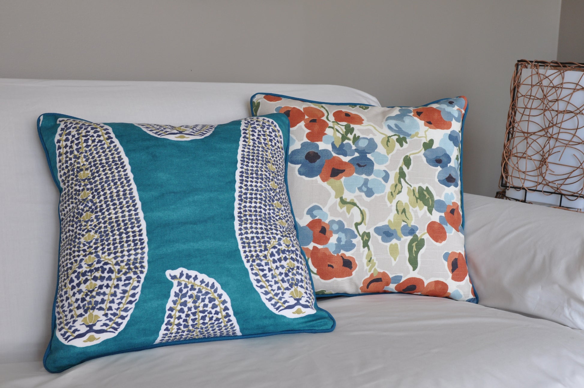 Peacock Pillow Cover -Robert Allen -Pillow with Piping -Teal Pillow Cover -Peacock Throw Pillow - Welted Pillow Cover - Paisley Print