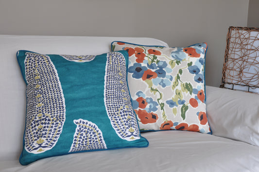 Peacock Pillow Cover -Robert Allen -Pillow with Piping -Teal Pillow Cover -Peacock Throw Pillow - Welted Pillow Cover - Paisley Print