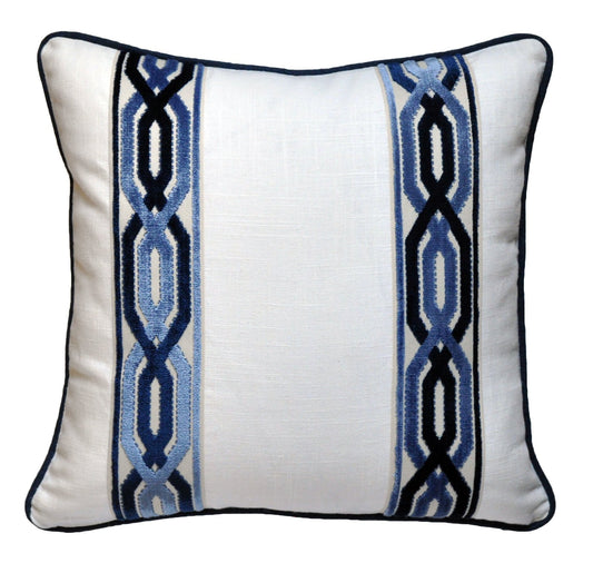Bed pillows, bed decorative pillows, pillows with tape trim, pillows with trim, white linen pillow covers, white linen shams, euro pillow cover, euro pillow shams, white and navy pillows, white pillows, navy pillows