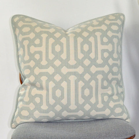 Sunbrella Pillow Cover -Fretwork Design - Sea Mist Pillow - Light Green and White Pillow - Contemporary Pillow -Pillow With Piping 
